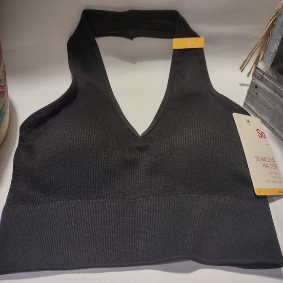 Nwt SO® Seamless Ribbed Halter Bralette Black Junior New - Picture 2 of 7